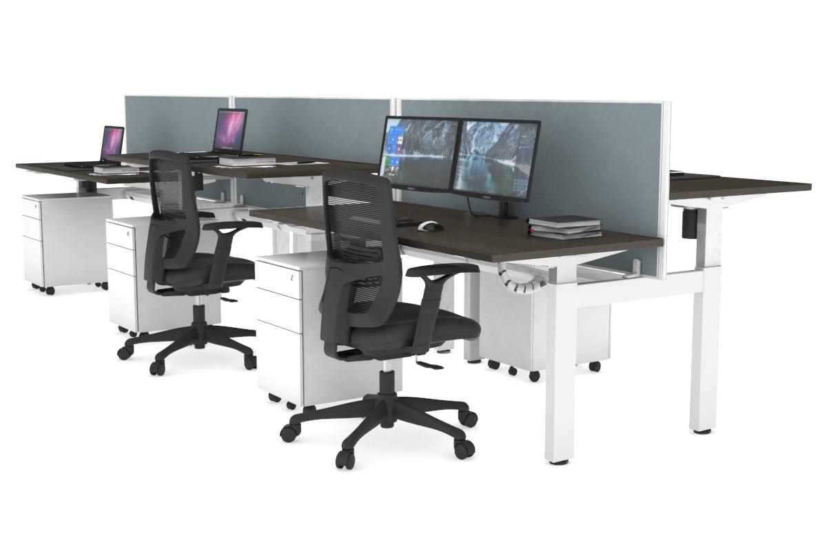 Just Right Height Adjustable 6 Person H-Bench Workstation - White Frame [1200L x 700W] Jasonl dark oak cool grey (820H x 1200W) white cable tray