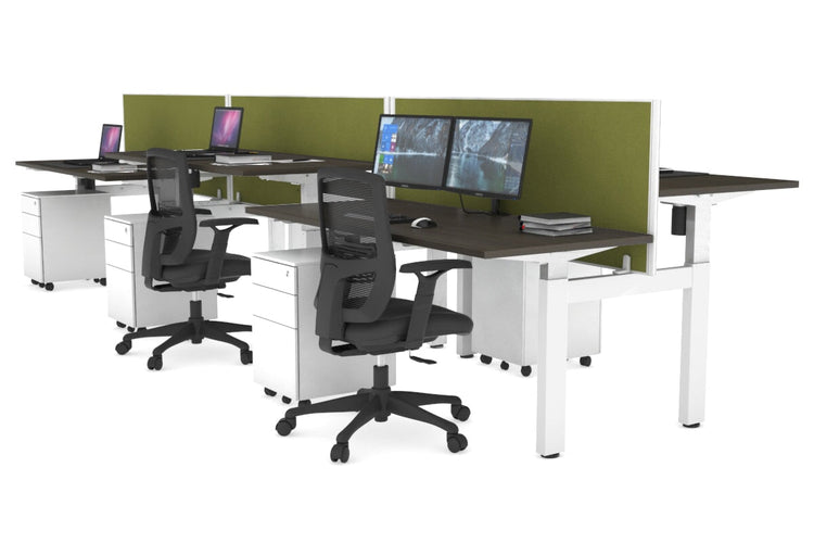 Just Right Height Adjustable 6 Person H-Bench Workstation - White Frame [1200L x 700W] Jasonl dark oak green moss (820H x 1200W) none