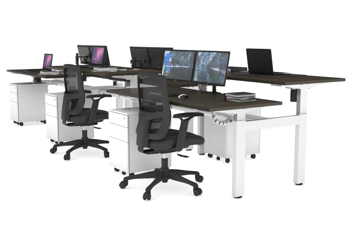 Just Right Height Adjustable 6 Person H-Bench Workstation - White Frame [1200L x 700W] Jasonl dark oak none white cable tray