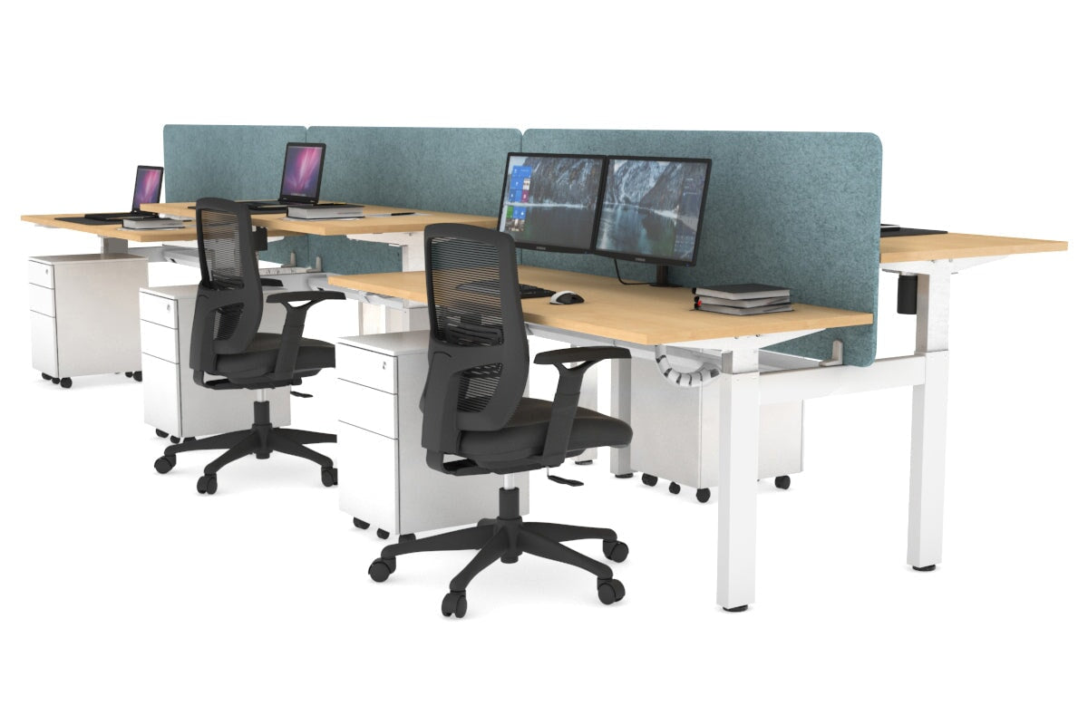 Just Right Height Adjustable 6 Person H-Bench Workstation - White Frame [1200L x 700W] Jasonl maple blue echo panel (820H x 1200W) white cable tray