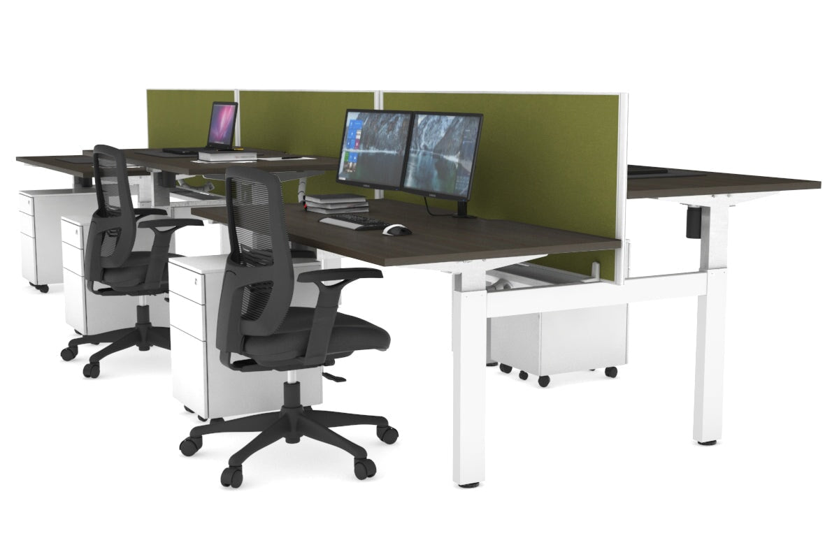 Just Right Height Adjustable 6 Person H-Bench Workstation - White Frame [1200L x 800W with Cable Scallop] Jasonl dark oak green moss (820H x 1200W) white cable tray