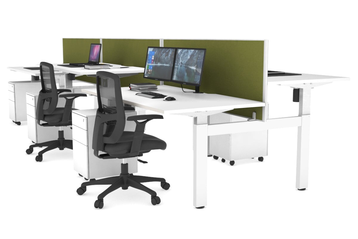 Just Right Height Adjustable 6 Person H-Bench Workstation - White Frame [1400L x 800W with Cable Scallop] Jasonl white green moss (820H x 1400W) none