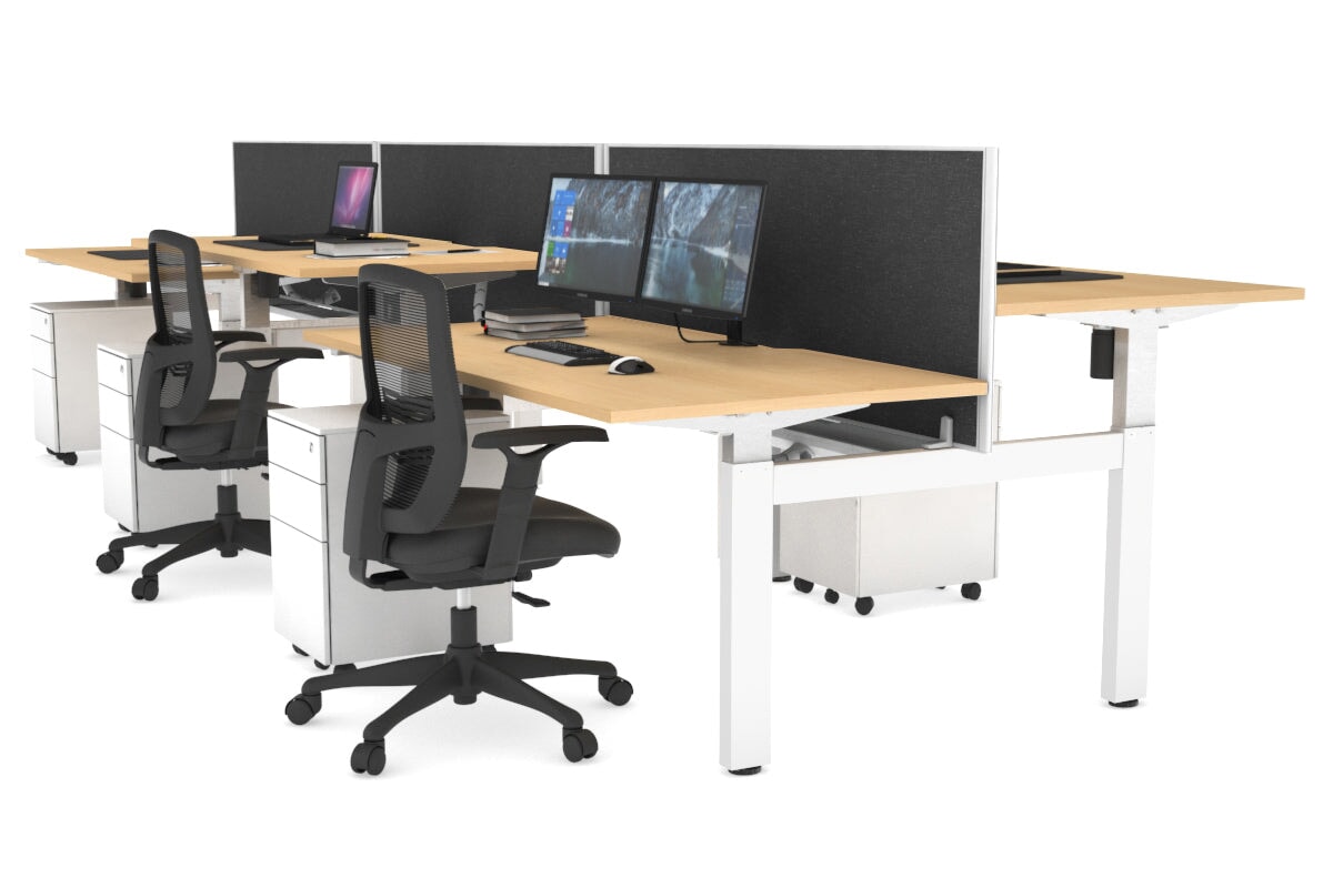 Just Right Height Adjustable 6 Person H-Bench Workstation - White Frame [1400L x 800W with Cable Scallop] Jasonl maple moody charcoal (820H x 1400W) white cable tray