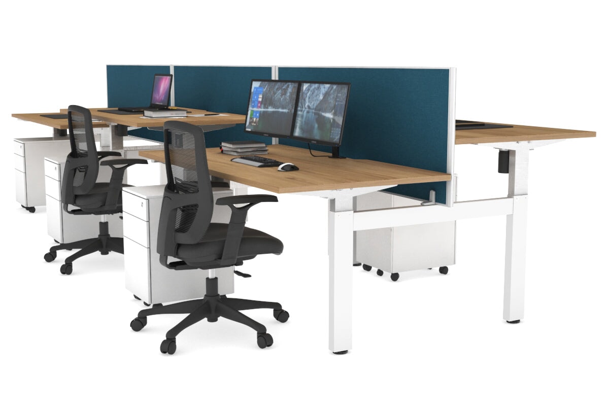 Just Right Height Adjustable 6 Person H-Bench Workstation - White Frame [1400L x 800W with Cable Scallop] Jasonl salvage oak deep blue (820H x 1400W) none