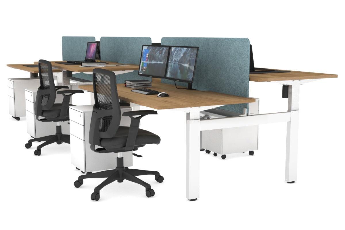 Just Right Height Adjustable 6 Person H-Bench Workstation - White Frame [1400L x 800W with Cable Scallop] Jasonl salvage oak blue echo panel (820H x 1200W) white cable tray