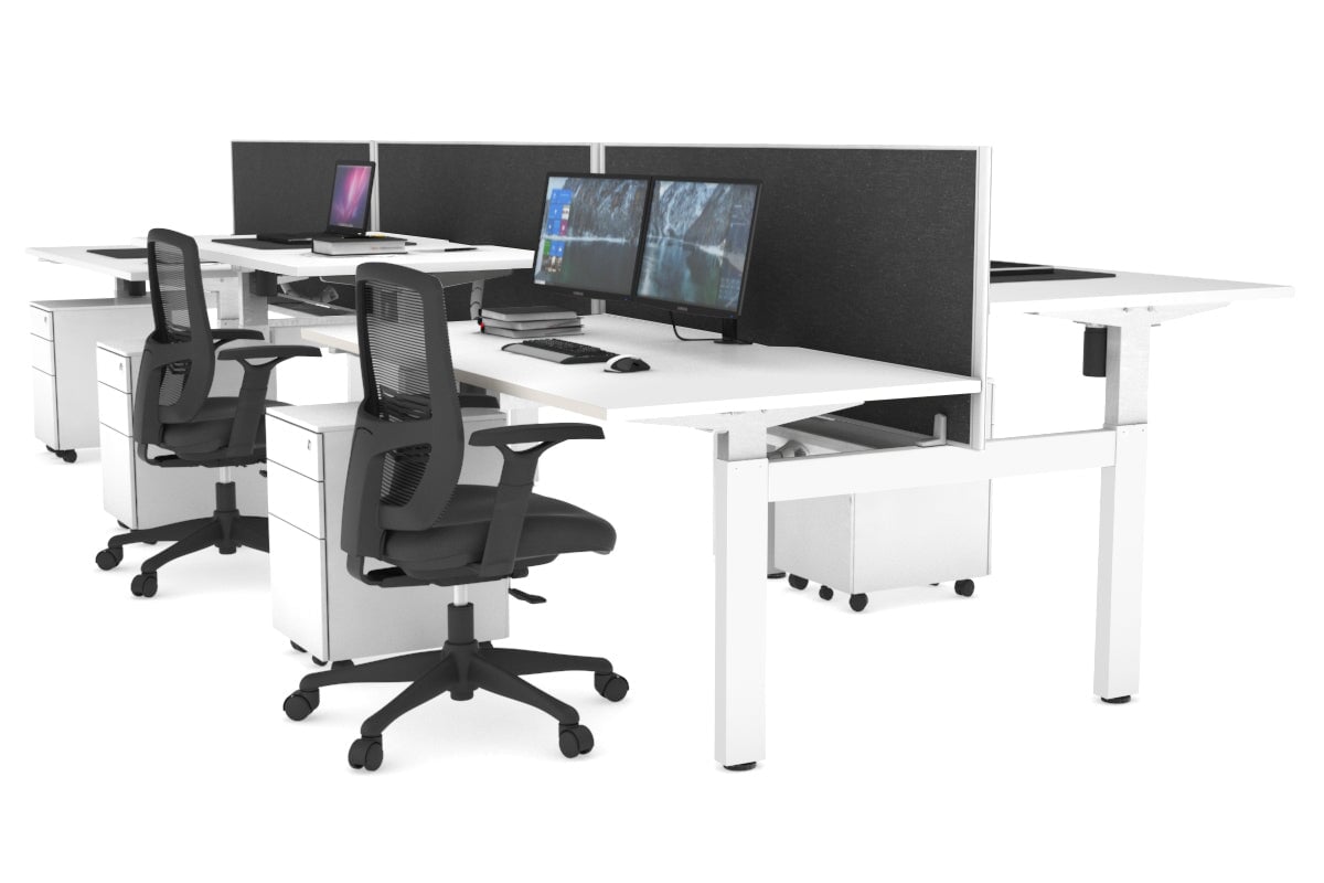 Just Right Height Adjustable 6 Person H-Bench Workstation - White Frame [1400L x 800W with Cable Scallop] Jasonl white moody charcoal (820H x 1400W) white cable tray
