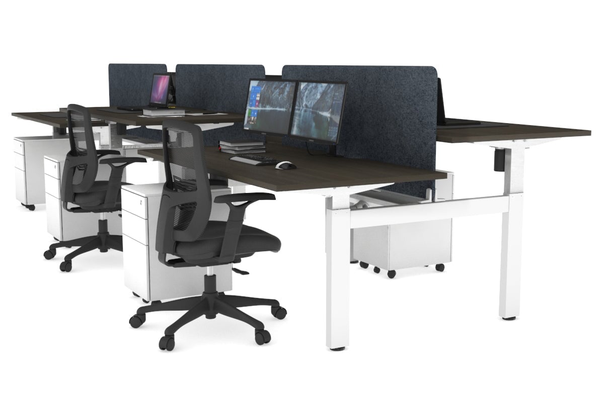Just Right Height Adjustable 6 Person H-Bench Workstation - White Frame [1400L x 800W with Cable Scallop] Jasonl dark oak dark grey echo panel (820H x 1200W) white cable tray