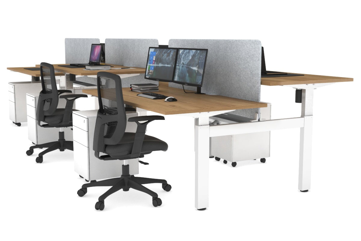 Just Right Height Adjustable 6 Person H-Bench Workstation - White Frame [1400L x 800W with Cable Scallop] Jasonl salvage oak light grey echo panel (820H x 1200W) white cable tray