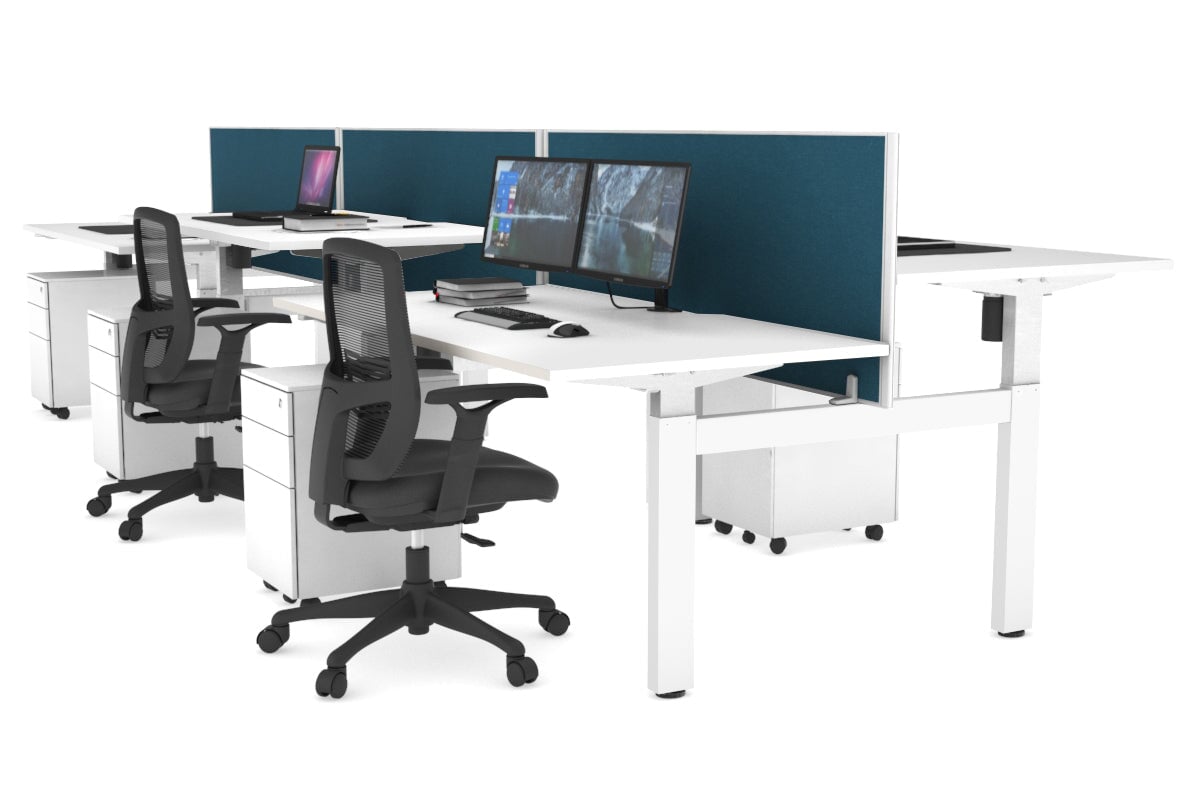 Just Right Height Adjustable 6 Person H-Bench Workstation - White Frame [1400L x 800W with Cable Scallop] Jasonl white deep blue (820H x 1400W) none