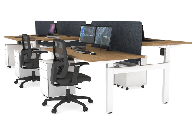 Just Right Height Adjustable 6 Person H-Bench Workstation - White Frame [1400L x 800W with Cable Scallop] Jasonl salvage oak dark grey echo panel (820H x 1200W) white cable tray