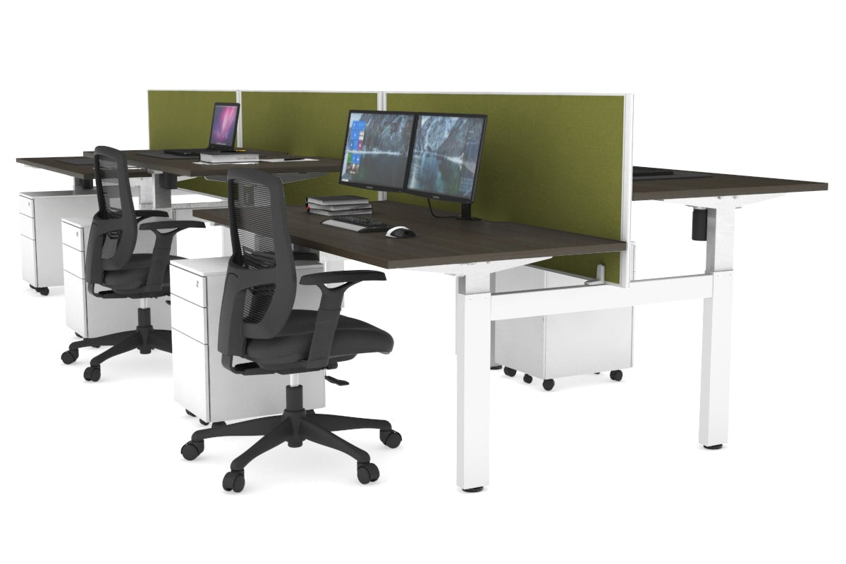 Just Right Height Adjustable 6 Person H-Bench Workstation - White Frame [1400L x 800W with Cable Scallop] Jasonl dark oak green moss (820H x 1400W) none