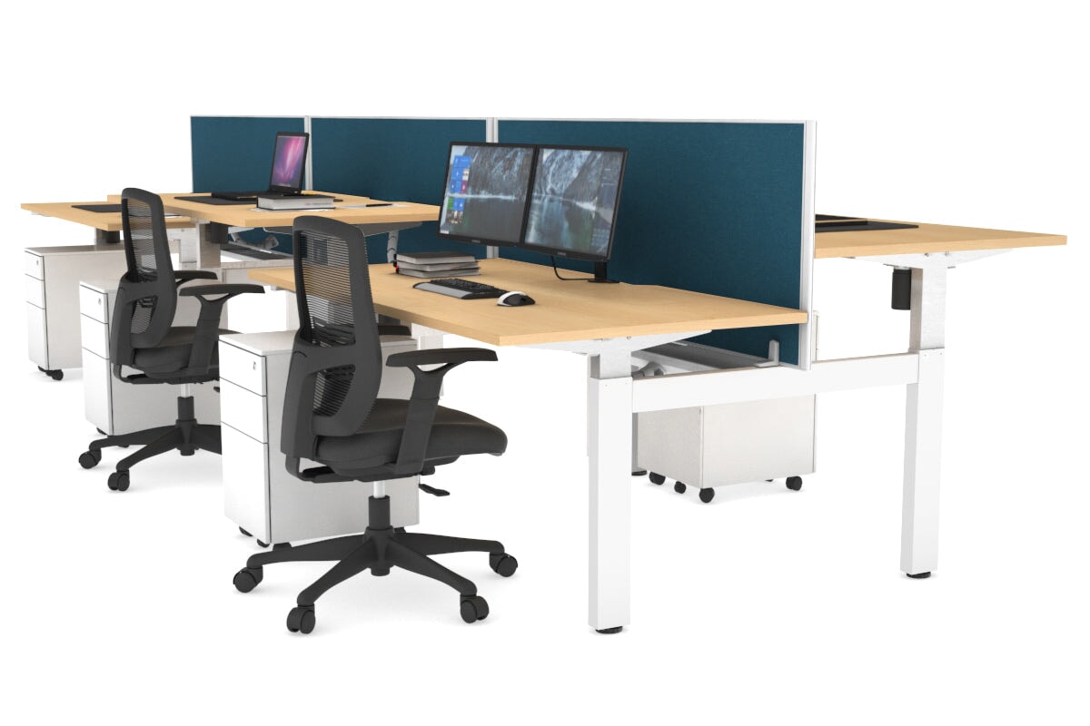 Just Right Height Adjustable 6 Person H-Bench Workstation - White Frame [1400L x 800W with Cable Scallop] Jasonl maple deep blue (820H x 1400W) white cable tray