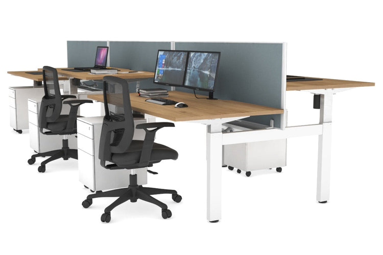Just Right Height Adjustable 6 Person H-Bench Workstation - White Frame [1400L x 800W with Cable Scallop] Jasonl salvage oak cool grey (820H x 1400W) white cable tray