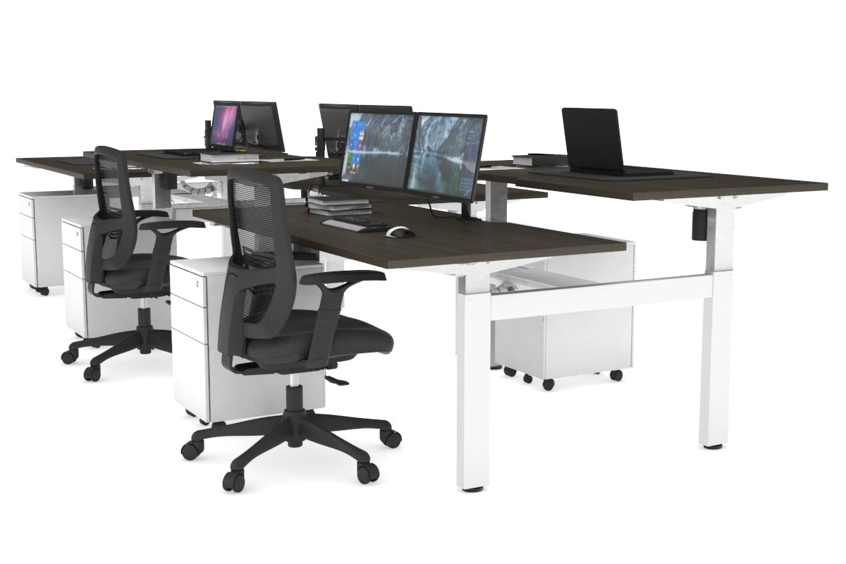 Just Right Height Adjustable 6 Person H-Bench Workstation - White Frame [1400L x 800W with Cable Scallop] Jasonl dark oak none white cable tray