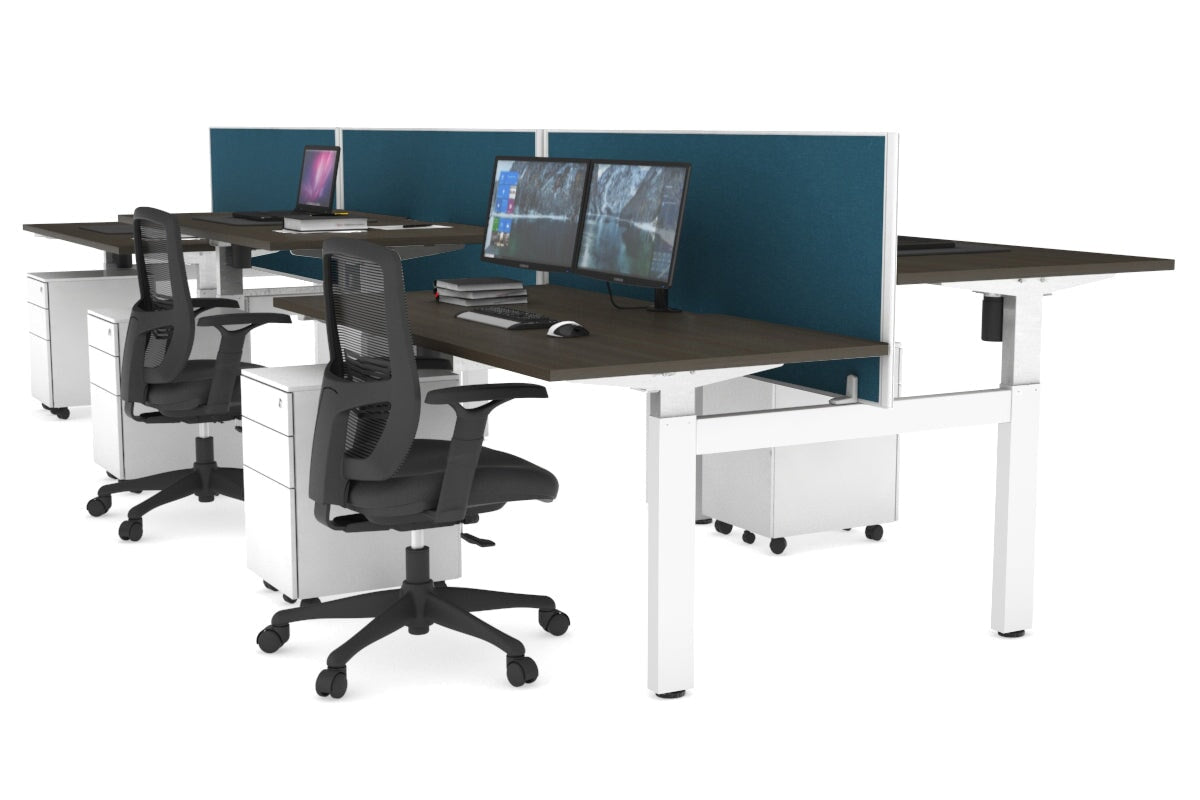Just Right Height Adjustable 6 Person H-Bench Workstation - White Frame [1400L x 800W with Cable Scallop] Jasonl dark oak deep blue (820H x 1400W) none