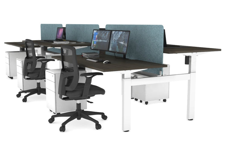 Just Right Height Adjustable 6 Person H-Bench Workstation - White Frame [1400L x 800W with Cable Scallop] Jasonl dark oak blue echo panel (820H x 1200W) white cable tray
