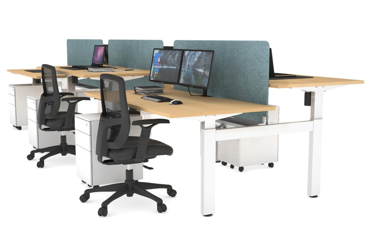 Just Right Height Adjustable 6 Person H-Bench Workstation - White Frame [1400L x 800W with Cable Scallop] Jasonl maple blue echo panel (820H x 1200W) white cable tray
