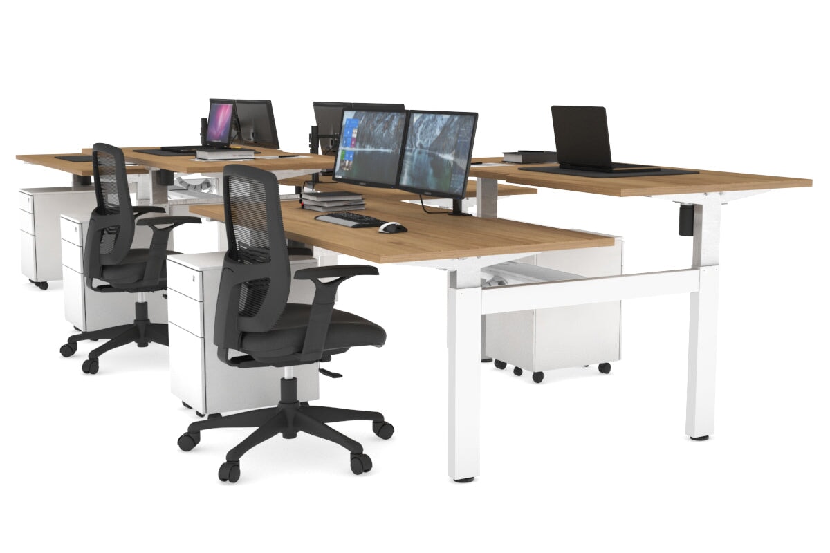Just Right Height Adjustable 6 Person H-Bench Workstation - White Frame [1400L x 800W with Cable Scallop] Jasonl salvage oak none white cable tray