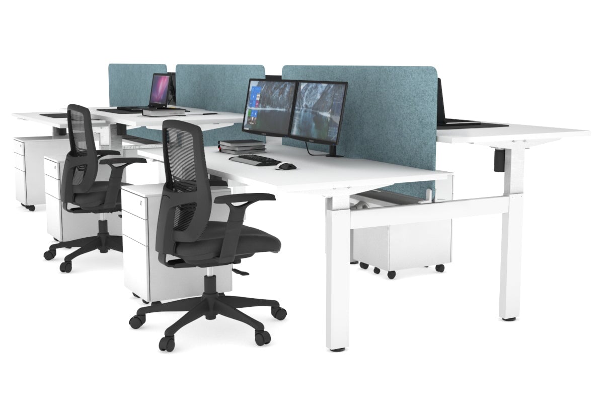 Just Right Height Adjustable 6 Person H-Bench Workstation - White Frame [1400L x 800W with Cable Scallop] Jasonl white blue echo panel (820H x 1200W) white cable tray