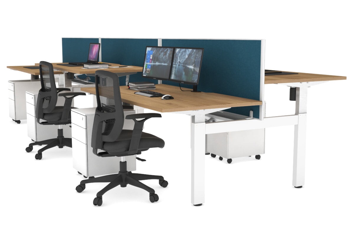 Just Right Height Adjustable 6 Person H-Bench Workstation - White Frame [1400L x 800W with Cable Scallop] Jasonl salvage oak deep blue (820H x 1400W) white cable tray