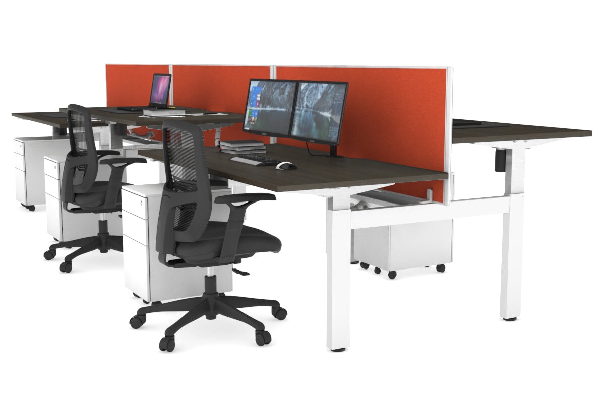 Just Right Height Adjustable 6 Person H-Bench Workstation - White Frame [1400L x 800W with Cable Scallop] Jasonl dark oak squash orange (820H x 1400W) white cable tray
