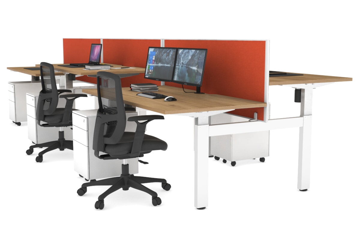 Just Right Height Adjustable 6 Person H-Bench Workstation - White Frame [1400L x 800W with Cable Scallop] Jasonl salvage oak squash orange (820H x 1400W) none