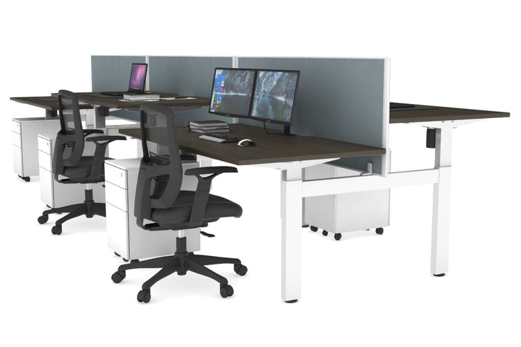 Just Right Height Adjustable 6 Person H-Bench Workstation - White Frame [1400L x 800W with Cable Scallop] Jasonl dark oak cool grey (820H x 1400W) none