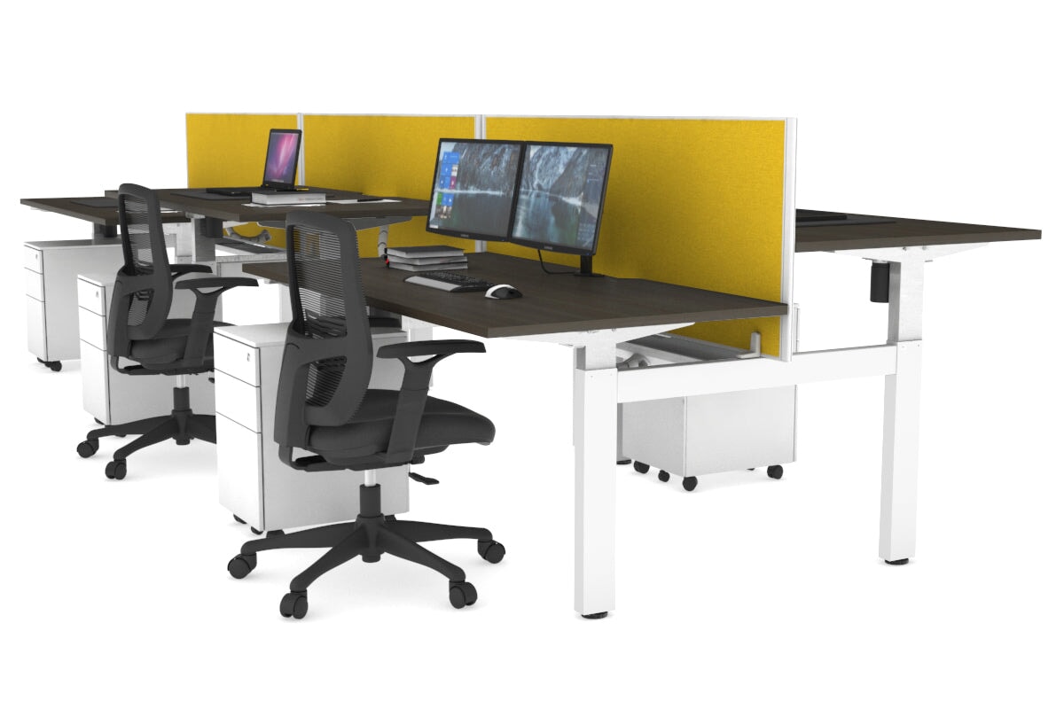 Just Right Height Adjustable 6 Person H-Bench Workstation - White Frame [1400L x 800W with Cable Scallop] Jasonl dark oak mustard yellow (820H x 1400W) white cable tray