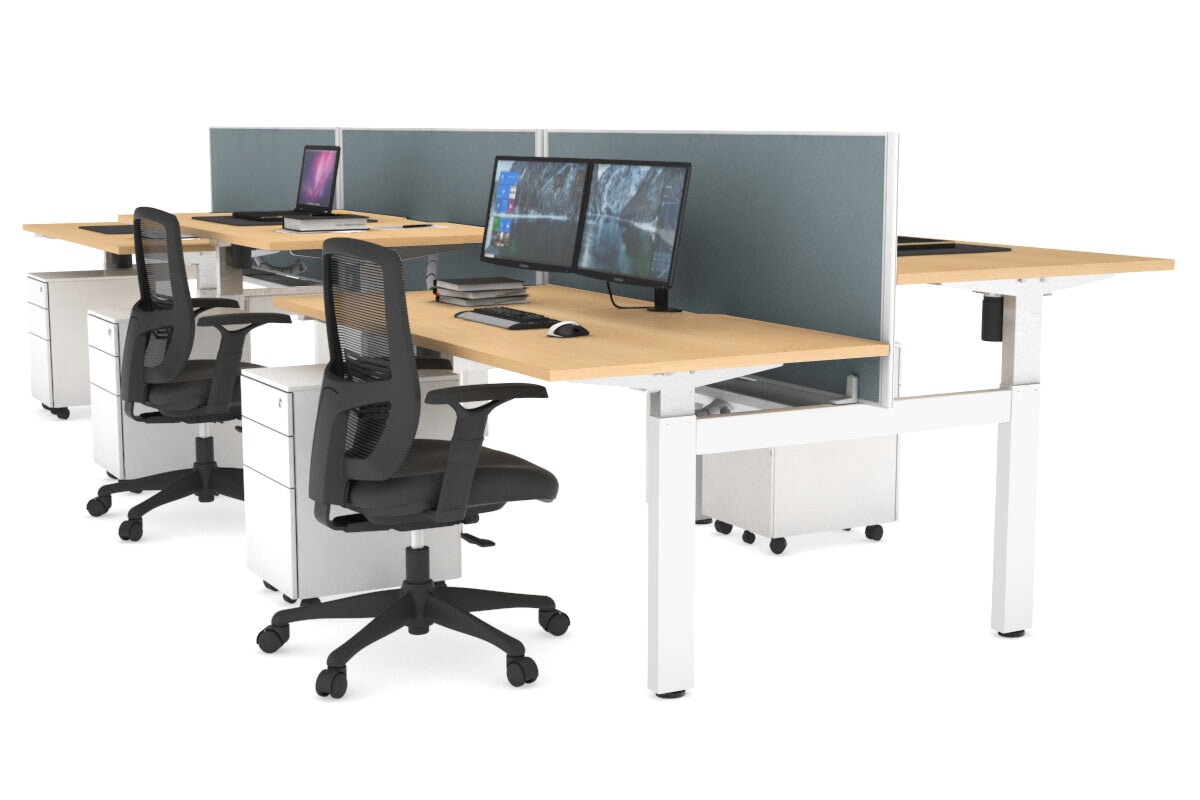 Just Right Height Adjustable 6 Person H-Bench Workstation - White Frame [1400L x 800W with Cable Scallop] Jasonl maple cool grey (820H x 1400W) white cable tray