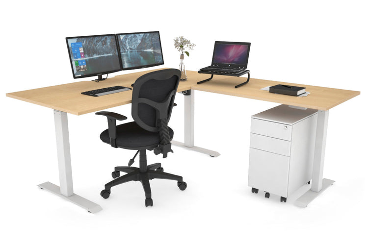 Just Right Height Adjustable Corner (RHS) Workstation - White Frame [1400L x 1550W with Cable Scallop] Jasonl maple 