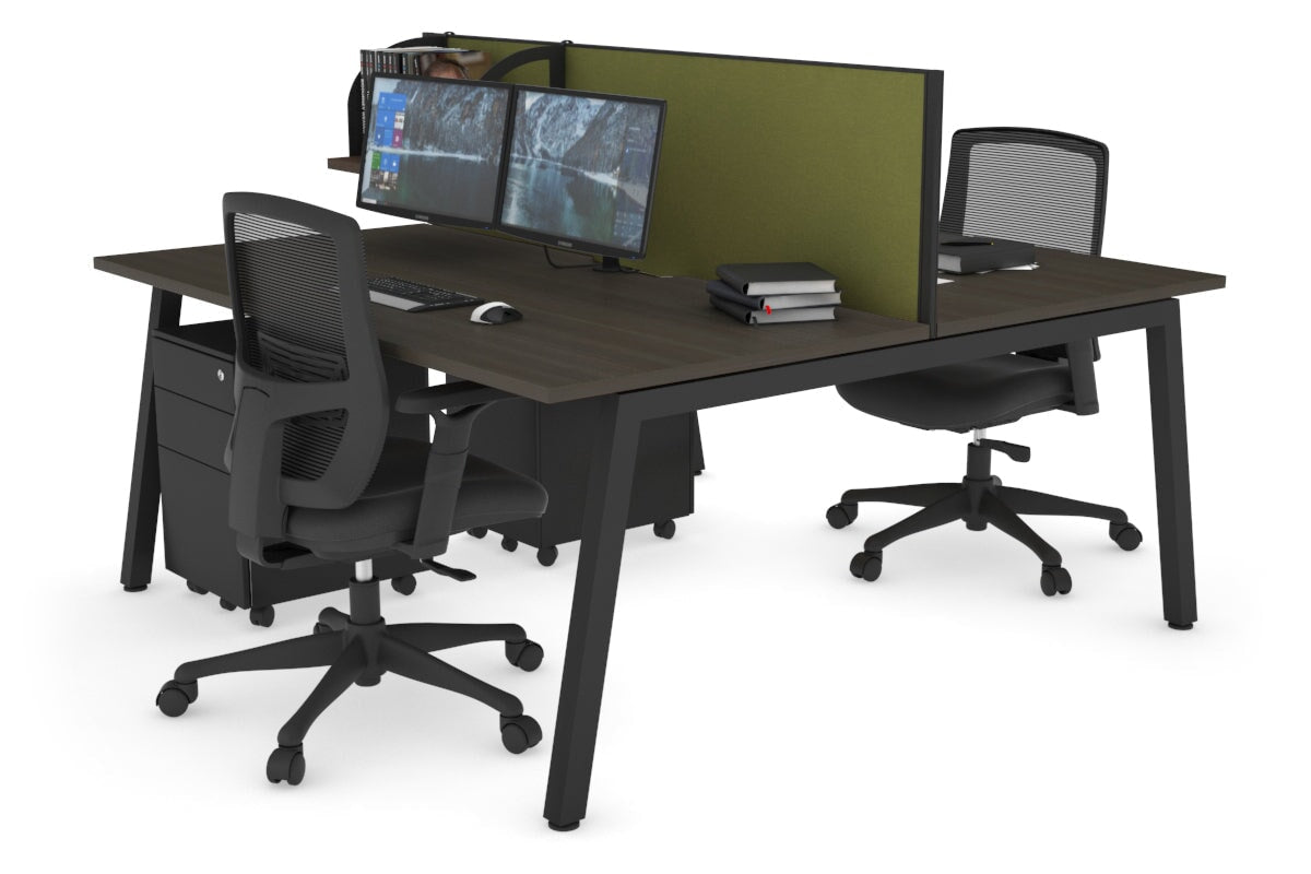 Quadro 2 Person Office Workstations [1200L x 800W with Cable Scallop] Jasonl black leg dark oak green moss (500H x 1200W)