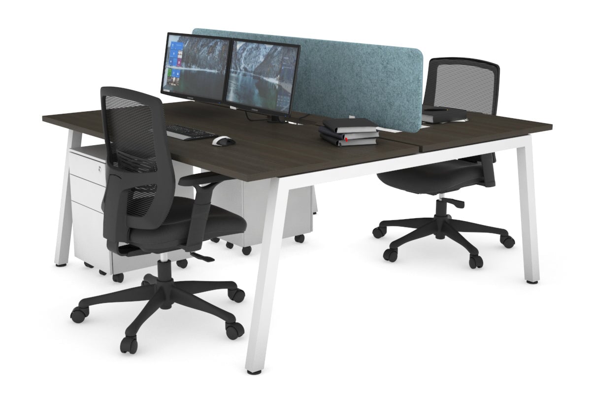 Quadro 2 Person Office Workstations [1600L x 700W] Jasonl white leg dark oak blue echo panel (400H x 1600W)