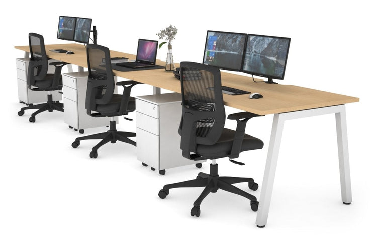 Quadro 3 Person Run Office Workstations [1200L x 800W with Cable Scallop] Jasonl white leg maple 