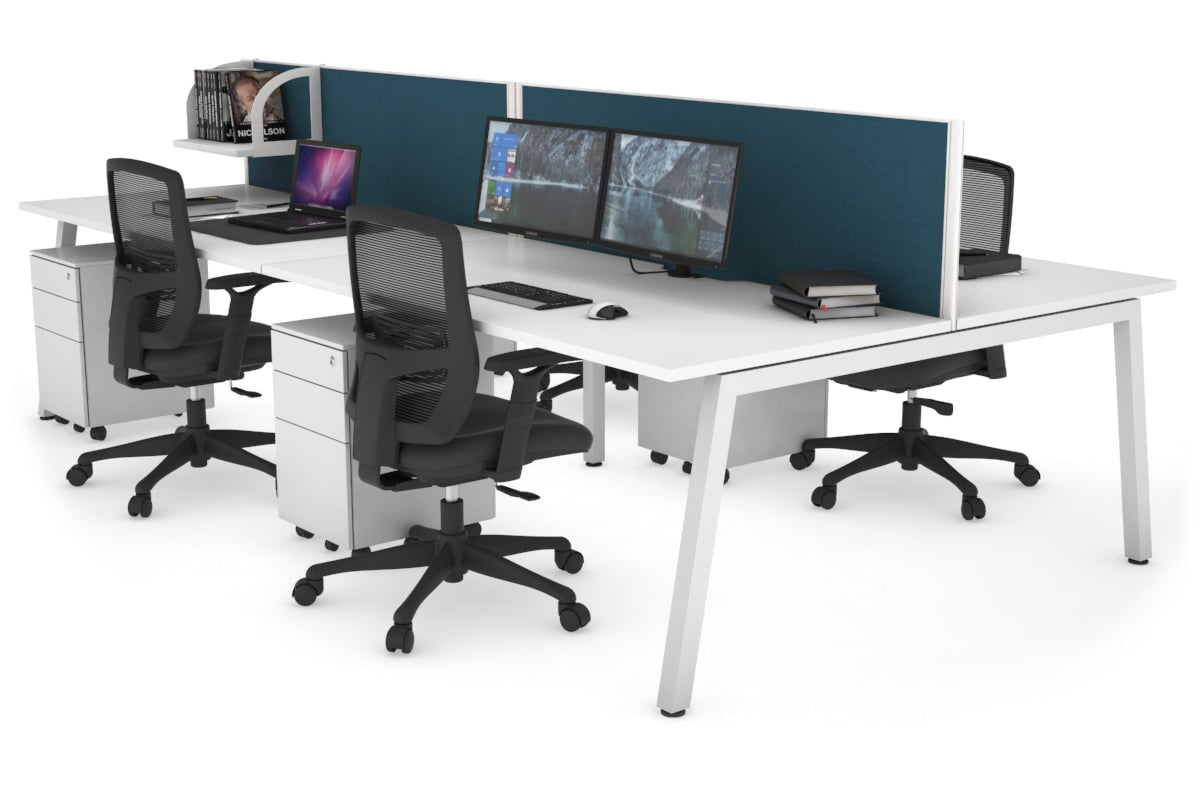 Quadro 4 Person Office Workstations [1200L x 800W with Cable Scallop] Jasonl white leg white deep blue (500H x 1200W)