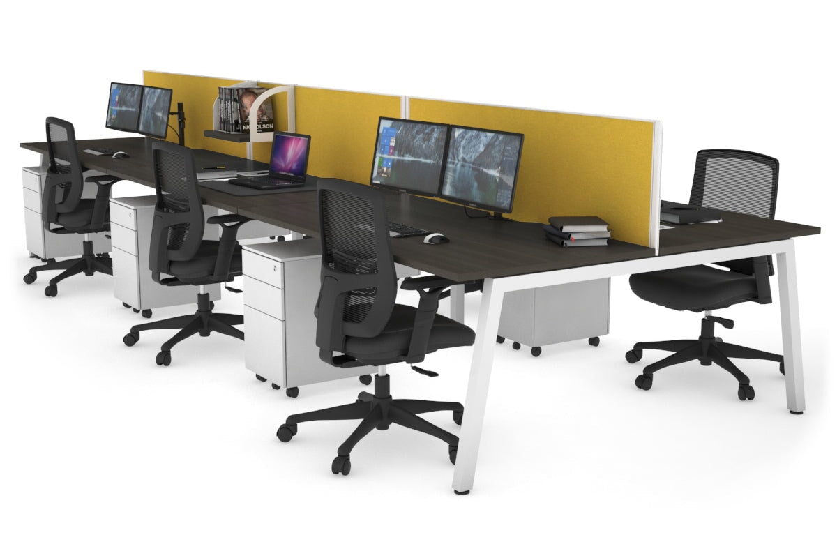 Quadro 6 Person Office Workstations [1600L x 800W with Cable Scallop] Jasonl white leg dark oak mustard yellow (500H x 1600W)