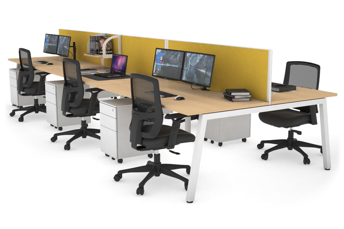 Quadro 6 Person Office Workstations [1600L x 800W with Cable Scallop] Jasonl white leg maple mustard yellow (500H x 1600W)