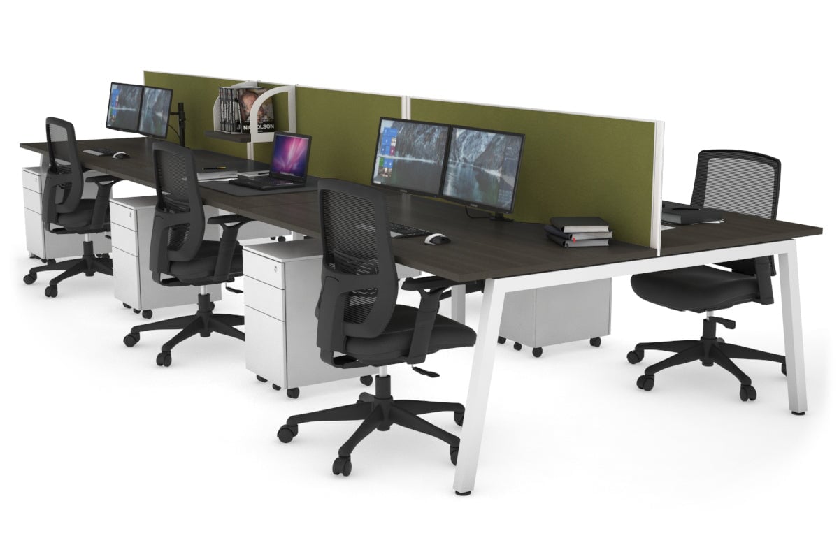 Quadro 6 Person Office Workstations [1600L x 800W with Cable Scallop] Jasonl white leg dark oak green moss (500H x 1600W)