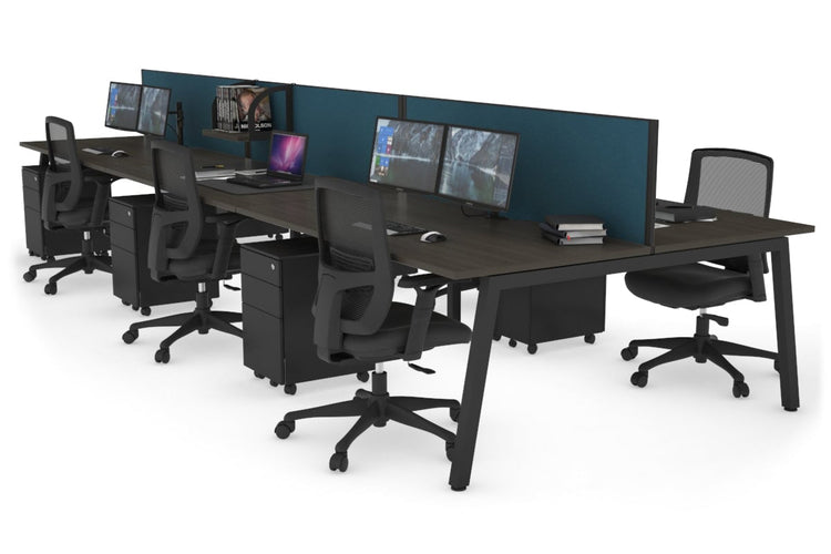 Quadro 6 Person Office Workstations [1600L x 800W with Cable Scallop] Jasonl black leg dark oak deep blue (500H x 1600W)