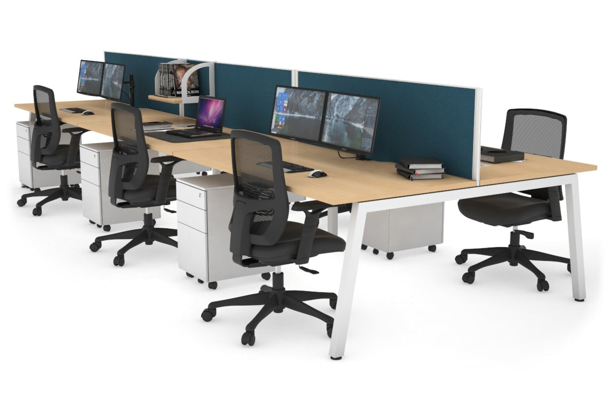 Quadro 6 Person Office Workstations [1600L x 800W with Cable Scallop] Jasonl white leg maple deep blue (500H x 1600W)
