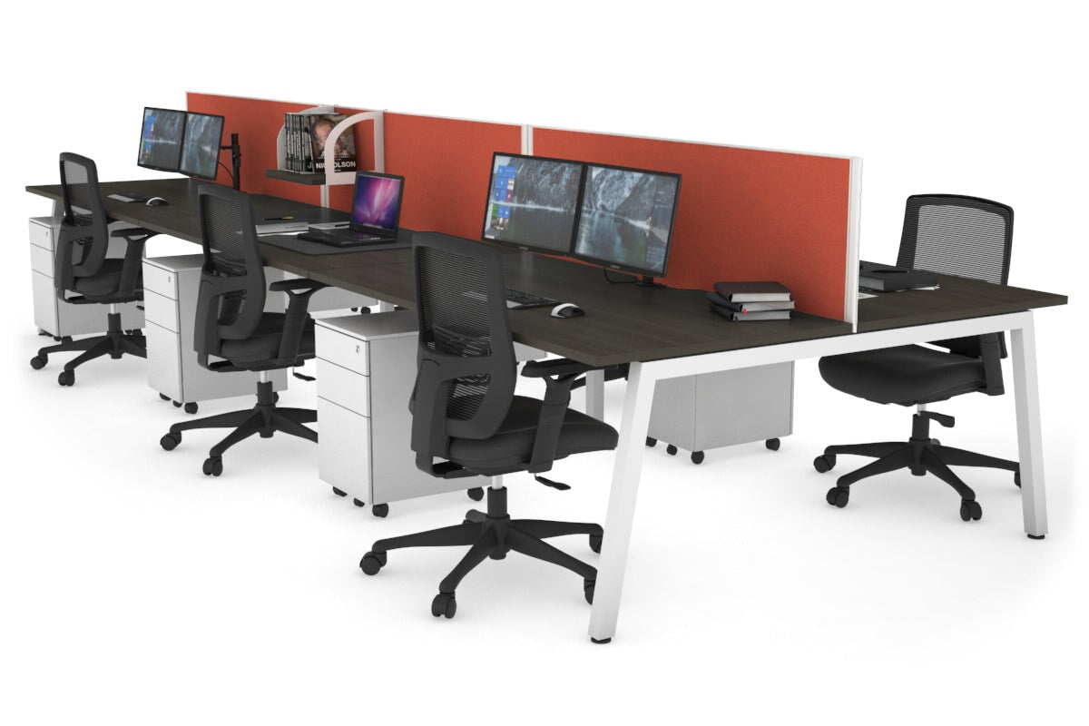 Quadro 6 Person Office Workstations [1600L x 800W with Cable Scallop] Jasonl white leg dark oak orange squash (500H x 1600W)