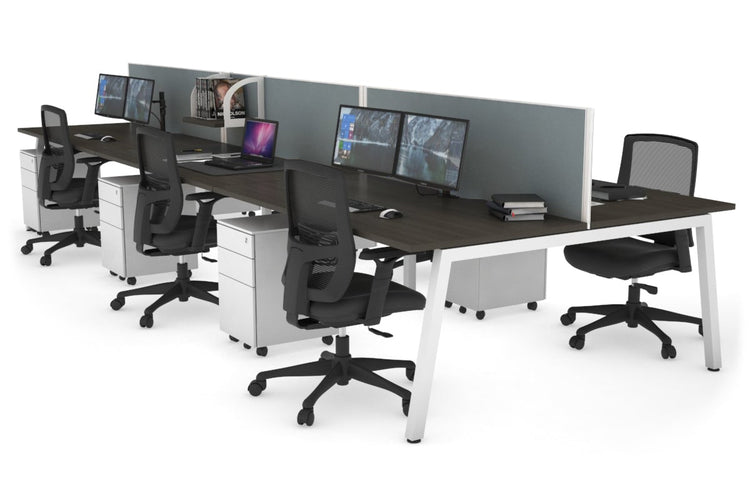 Quadro 6 Person Office Workstations [1600L x 800W with Cable Scallop] Jasonl white leg dark oak cool grey (500H x 1600W)