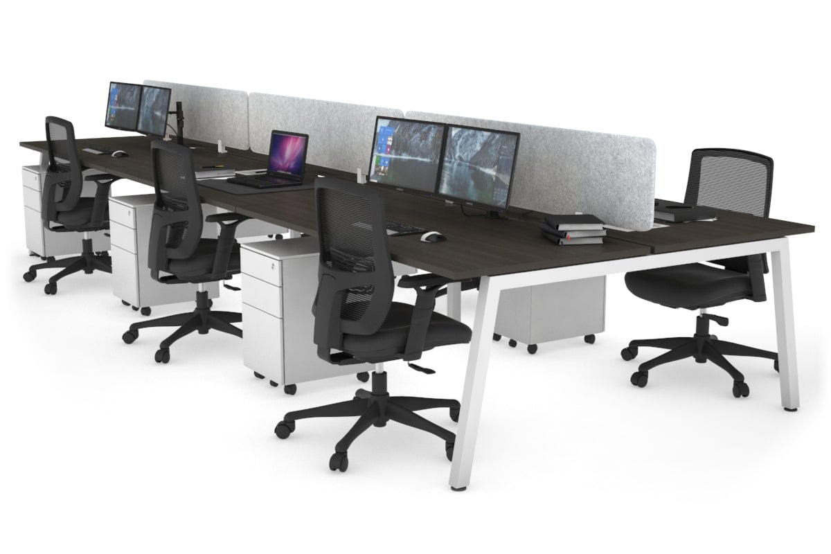 Quadro 6 Person Office Workstations [1600L x 800W with Cable Scallop] Jasonl white leg dark oak light grey echo panel (400H x 1600W)