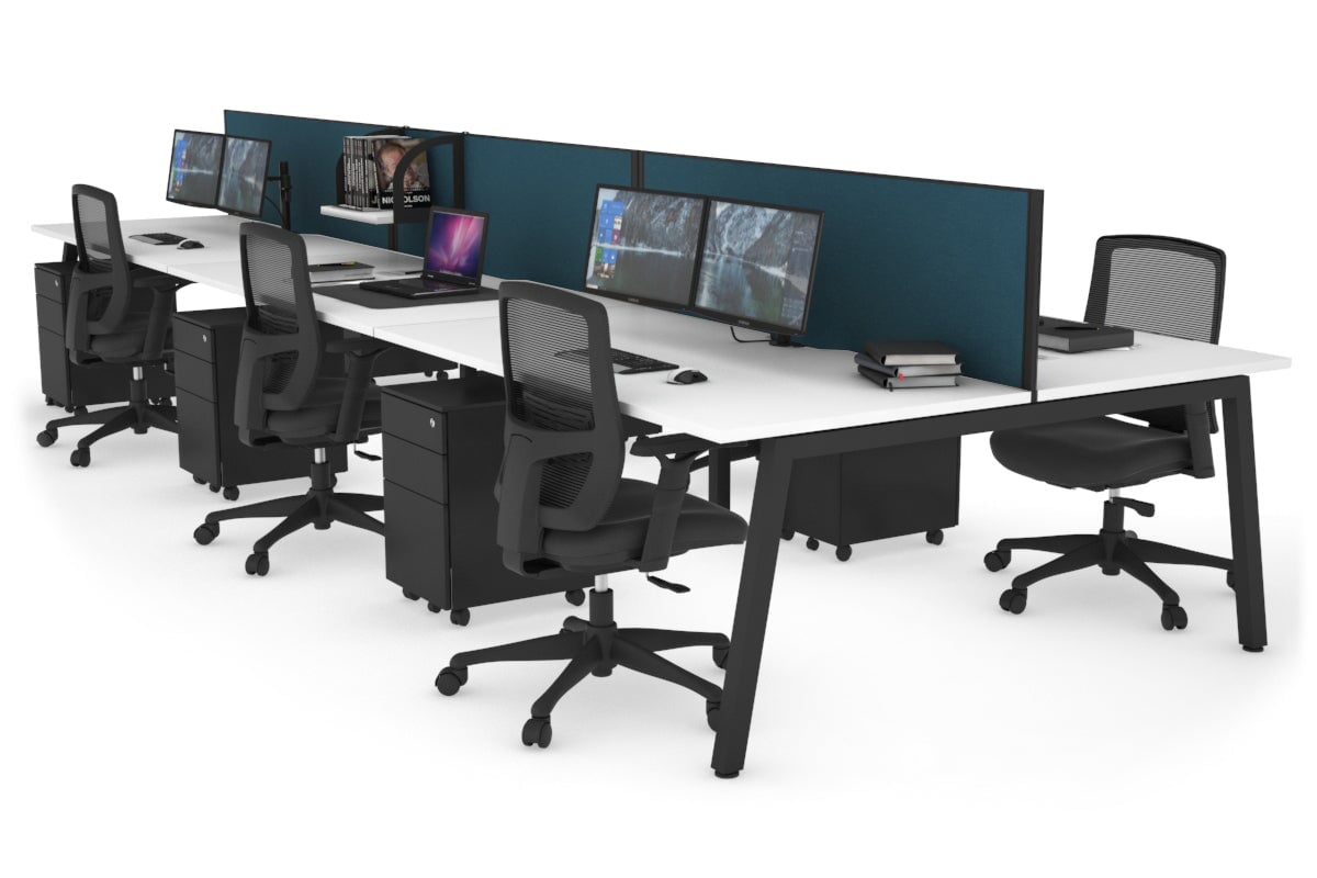 Quadro 6 Person Office Workstations [1600L x 800W with Cable Scallop] Jasonl black leg white deep blue (500H x 1600W)
