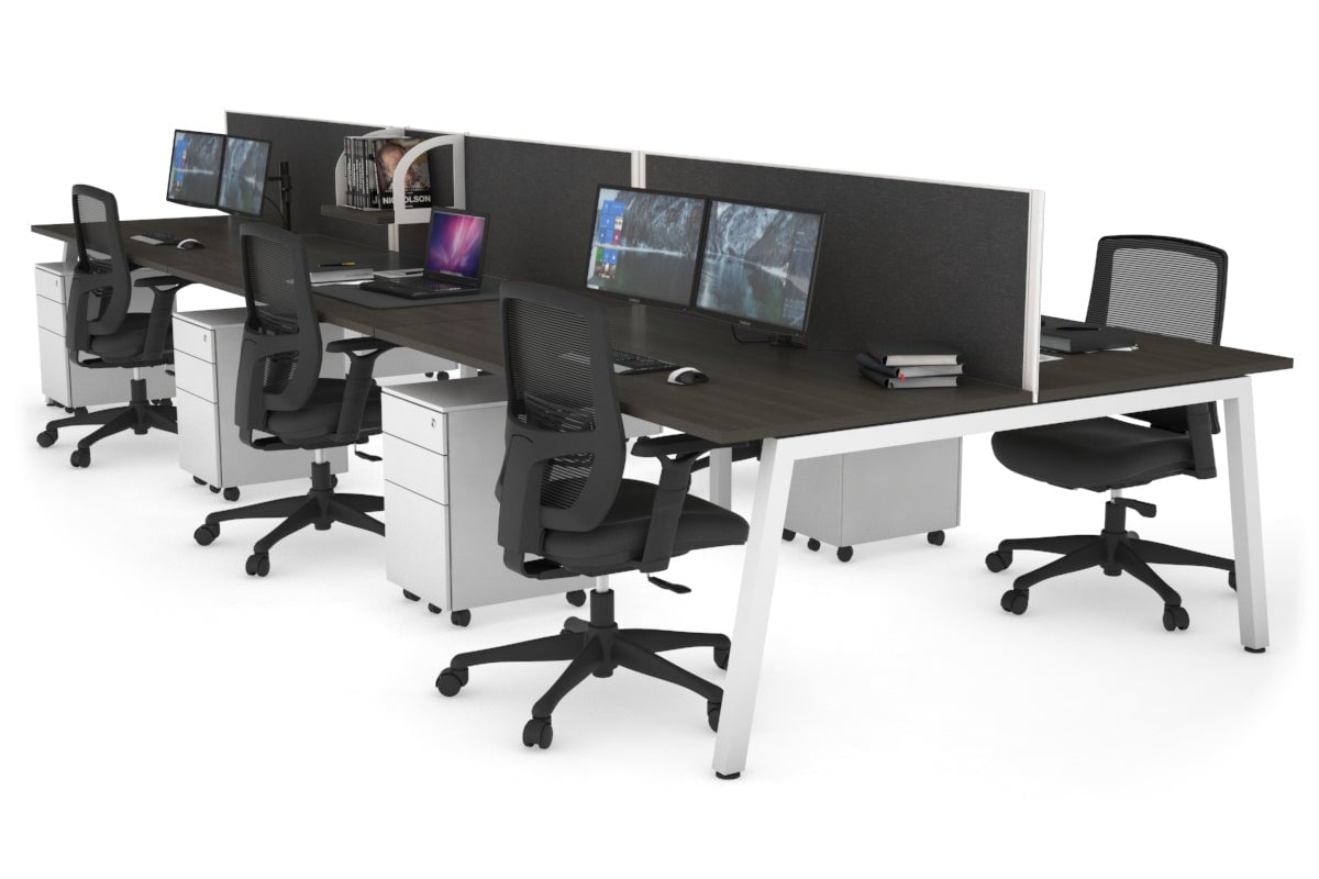 Quadro 6 Person Office Workstations [1600L x 800W with Cable Scallop] Jasonl white leg dark oak moody charcoal (500H x 1600W)