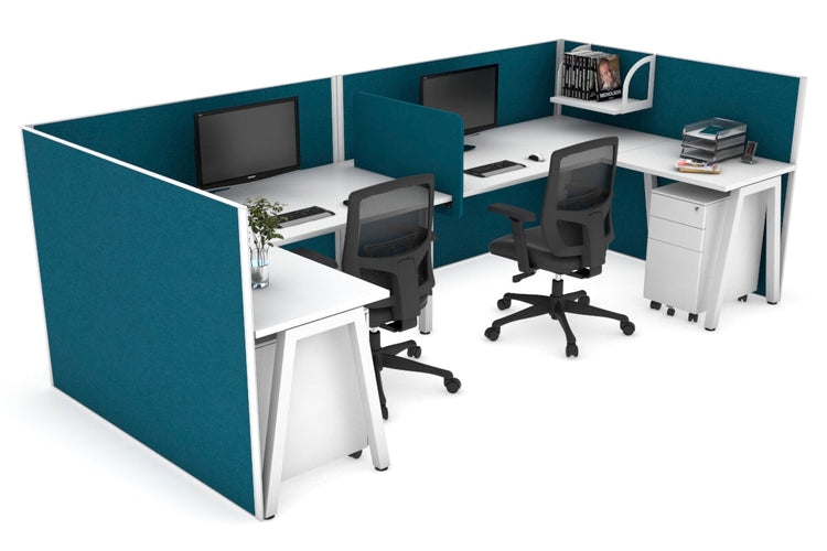 Quadro A Leg 2 Person Corner Workstations - U Configuration - White Frame [1600L x 1800W with Cable Scallop] Jasonl white deep blue biscuit panel