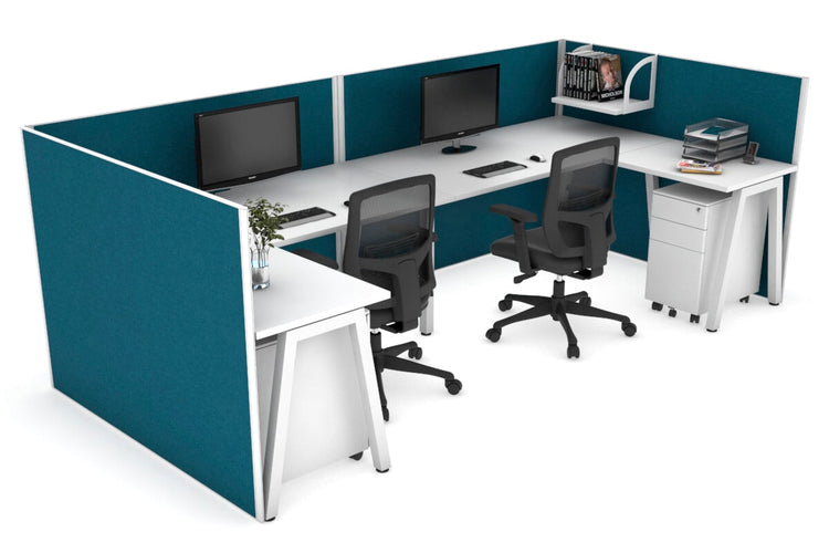 Quadro A Leg 2 Person Corner Workstations - U Configuration - White Frame [1600L x 1800W with Cable Scallop] Jasonl white deep blue none