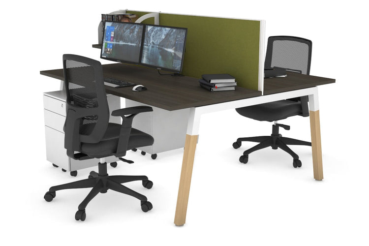 Quadro A Leg 2 Person Office Workstations - Wood Leg Cross Beam [1200L x 700W] Jasonl white leg dark oak green moss (500H x 1200W)