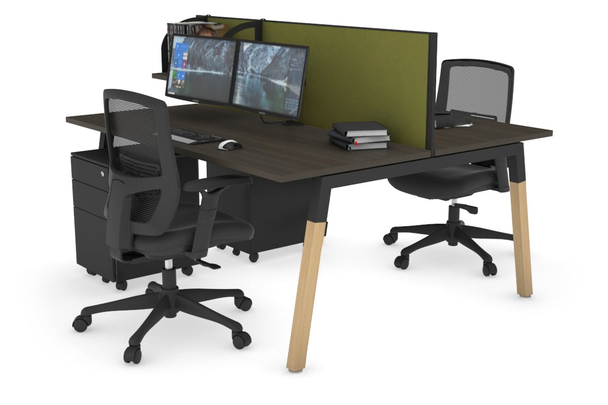 Quadro A Leg 2 Person Office Workstations - Wood Leg Cross Beam [1400L x 700W] Jasonl black leg dark oak green moss (500H x 1400W)