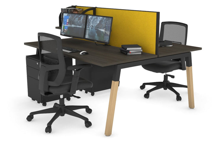 Quadro A Leg 2 Person Office Workstations - Wood Leg Cross Beam [1400L x 700W] Jasonl black leg dark oak mustard yellow (500H x 1400W)
