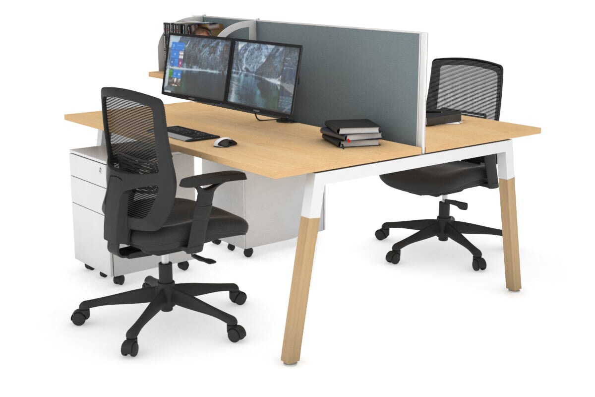 Quadro A Leg 2 Person Office Workstations - Wood Leg Cross Beam [1400L x 700W] Jasonl white leg maple cool grey (500H x 1400W)